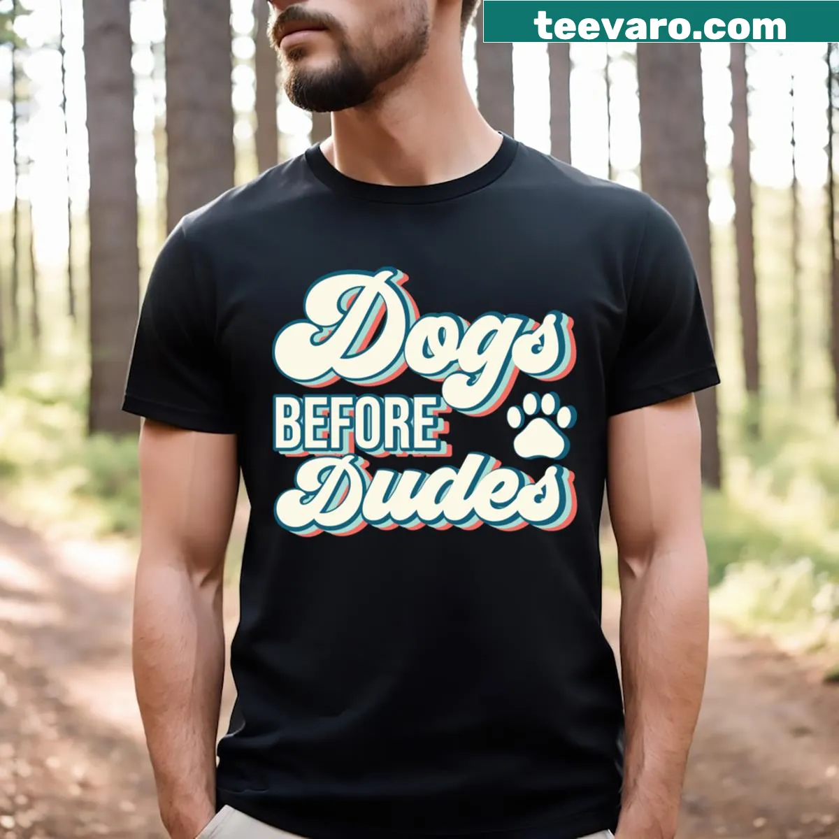 Retro t-shirt with bold text saying 'Dogs Before Dudes' — on a men's t-shirt