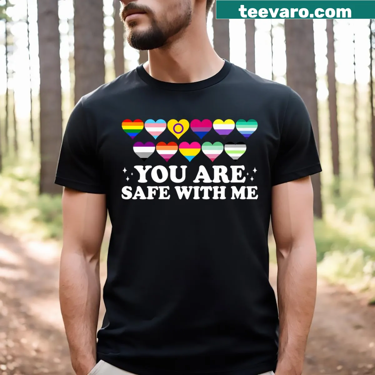 LGBT Pride T-shirt with rainbow design and supportive message — on a men's t-shirt