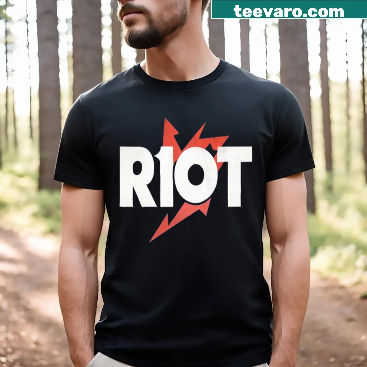 Bold riot logo graphic on t-shirt — on a men's t-shirt