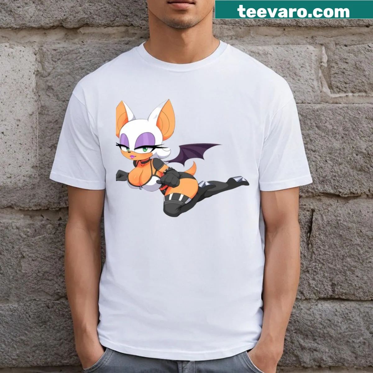 Illustrated t-shirt featuring Rouge the Bat — on a men's t-shirt