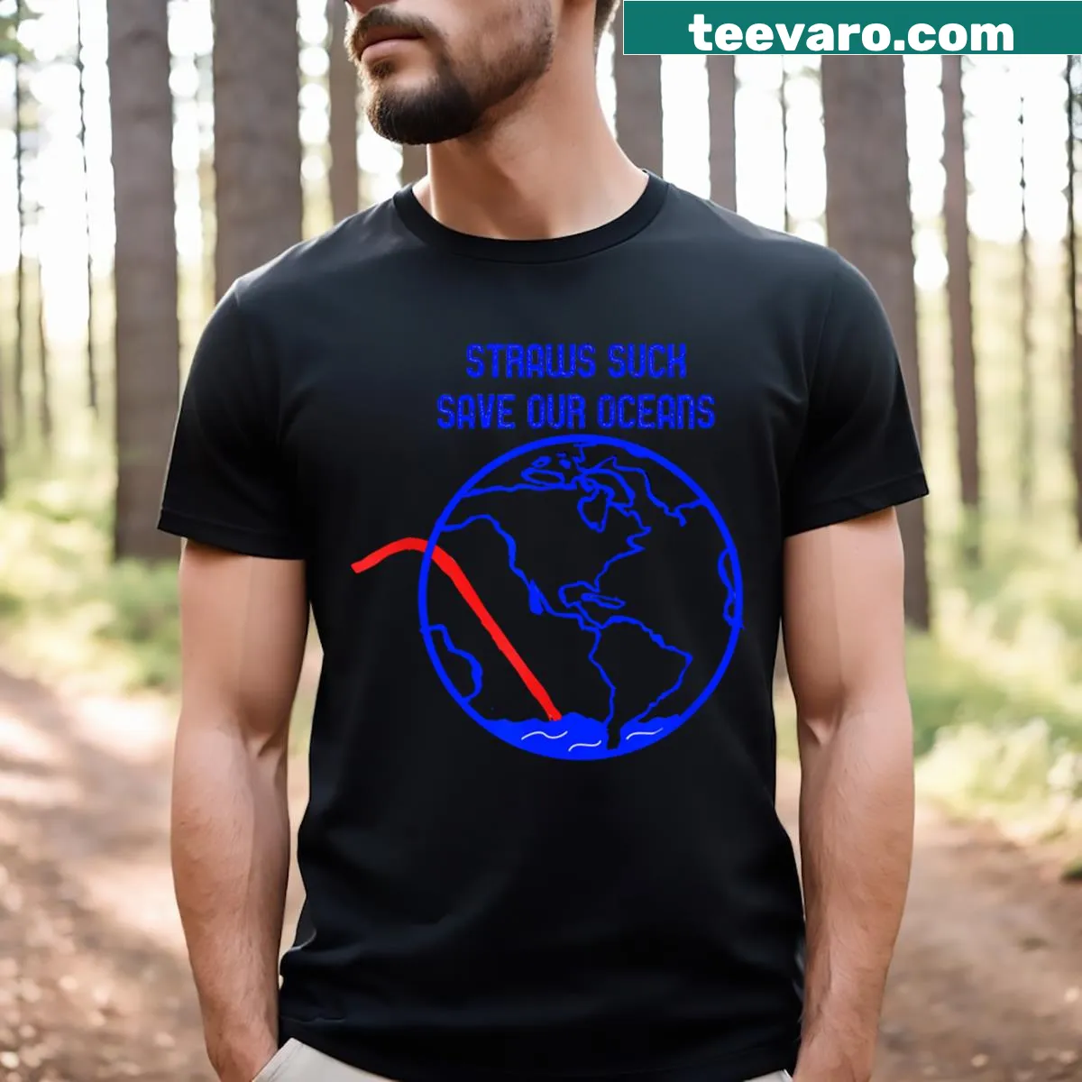 Save the ocean t-shirt with anti-plastic straw message — on a men's t-shirt