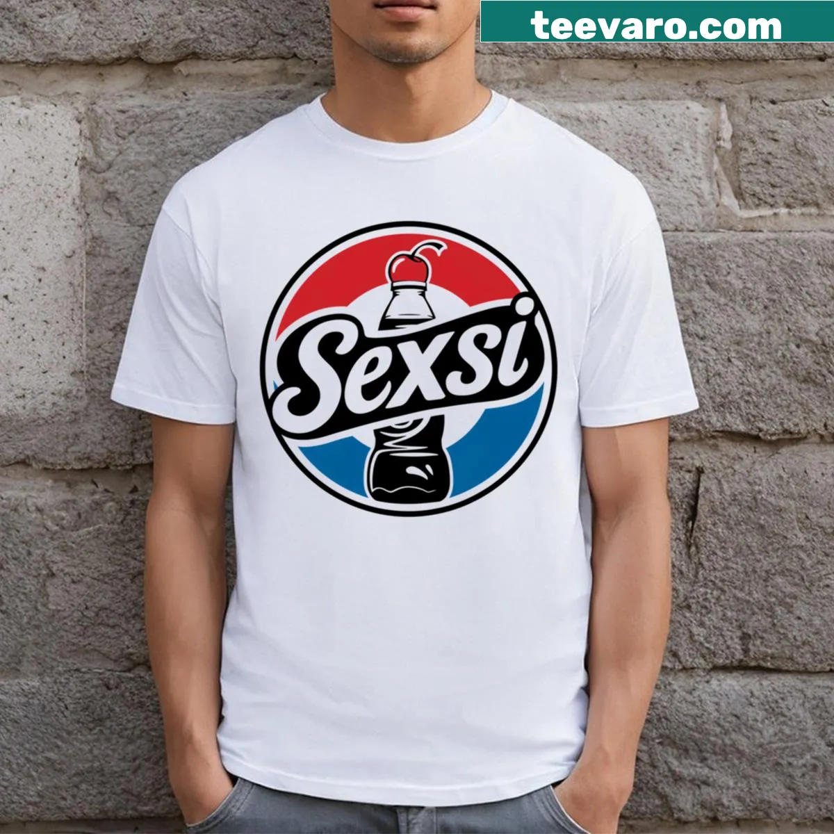 Playful Sexsi Logos Soda t-shirt with humorous typography — on a men's t-shirt