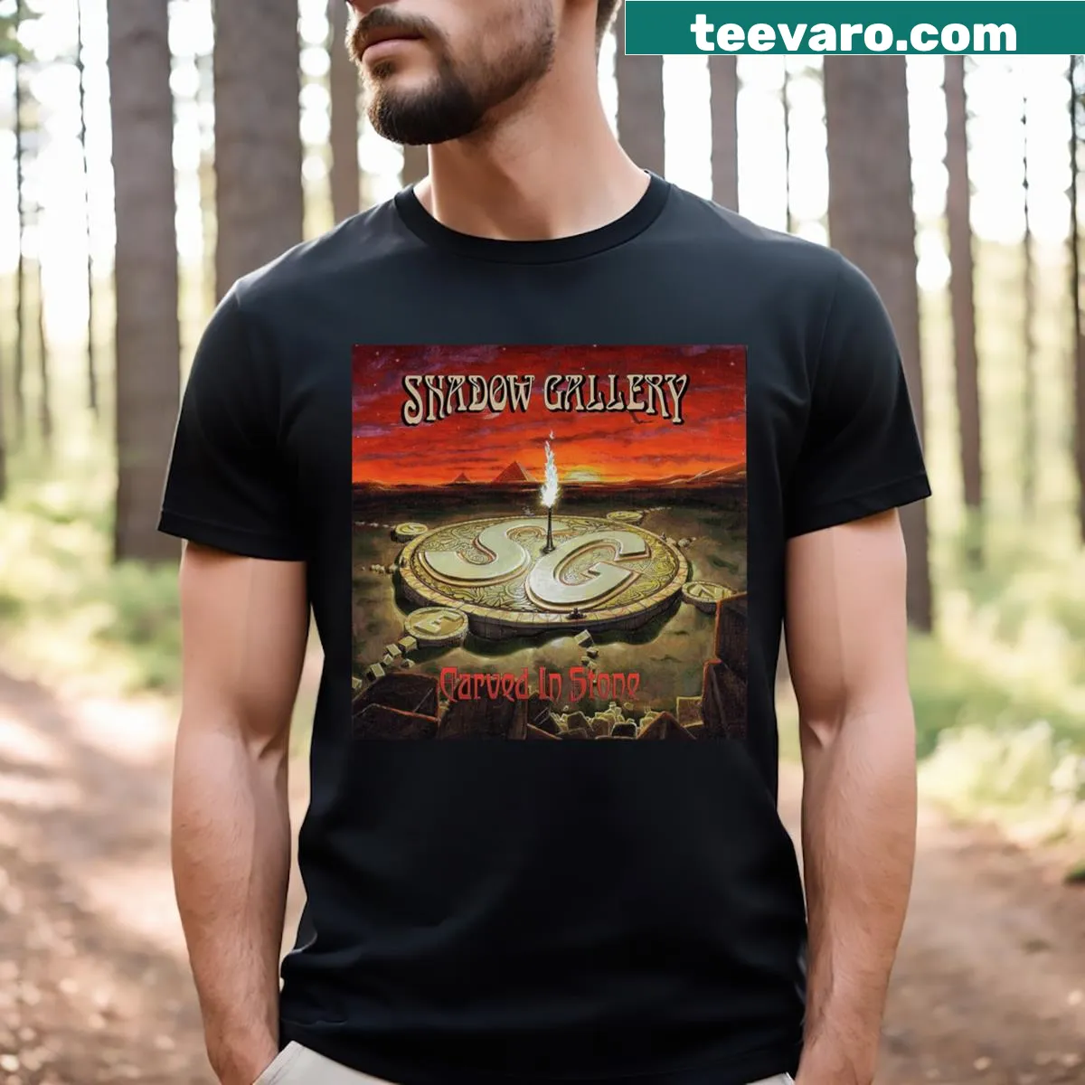 Vintage tee honoring Shadow Gallery's Carved In Stone album — on a men's t-shirt