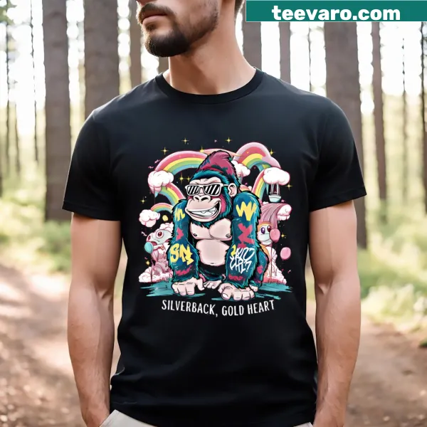 Playful T-shirt featuring cartoon gorilla design with heart