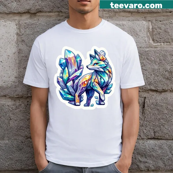 Illustration of a mystical crystal fox on a T-shirt.