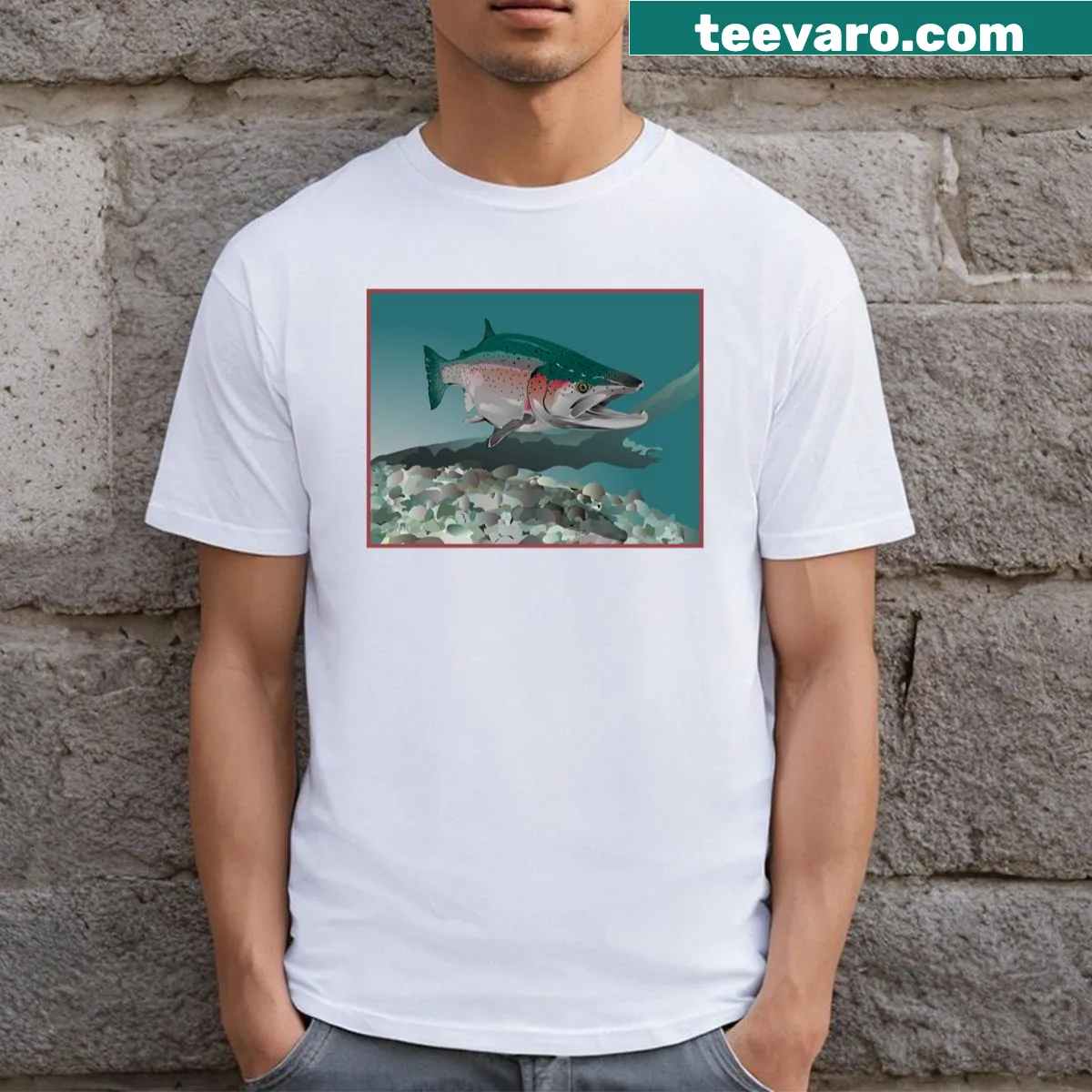 Realistic graphic of a steelhead trout on a t-shirt — on a men's t-shirt
