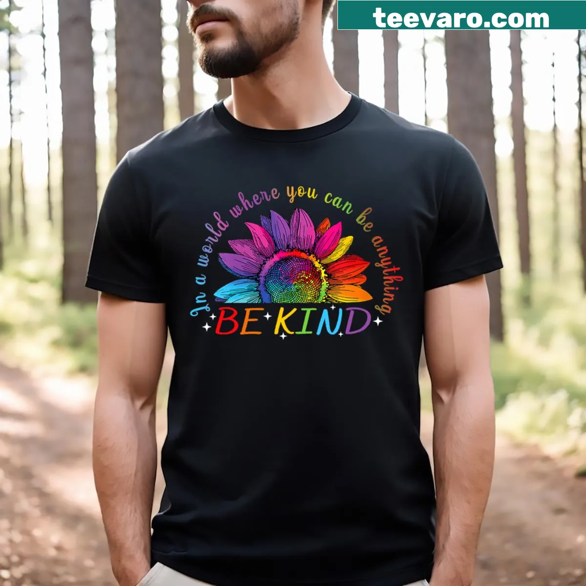 Colorful sunflower and rainbow design promoting equality and kindness — on a men's t-shirt