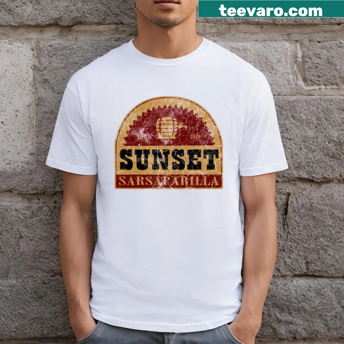 Distressed vintage logo T-shirt featuring Sunset Sarsaparilla — on a men's t-shirt