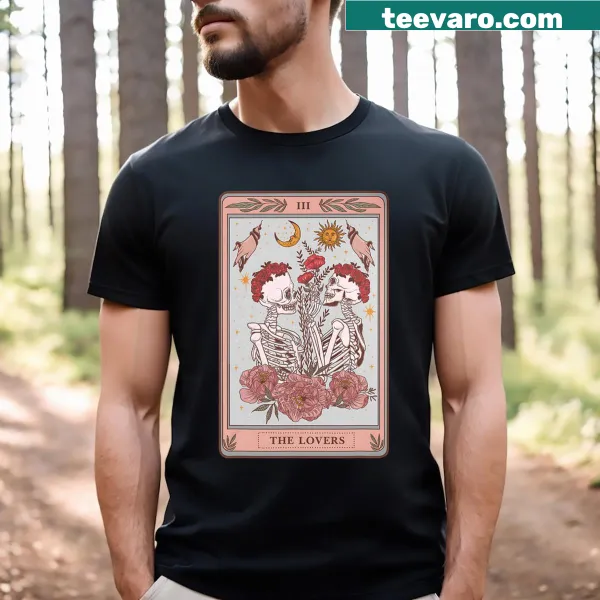 Illustrated Tarot Card featuring The Lovers Skeleton