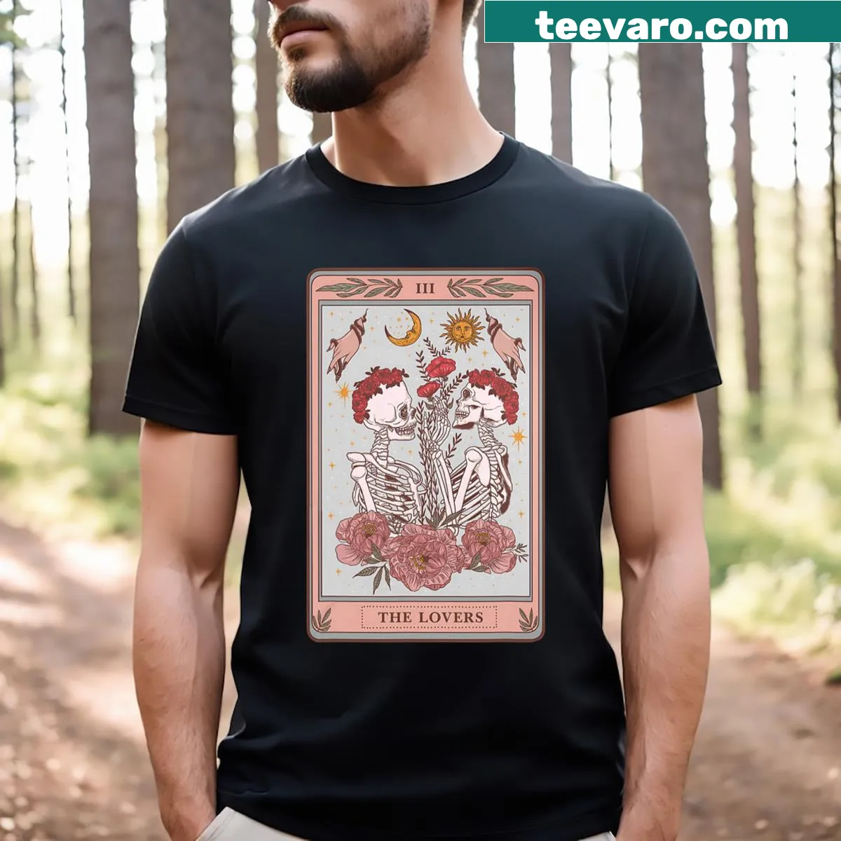 Illustrated Tarot Card featuring The Lovers Skeleton — on a men's t-shirt