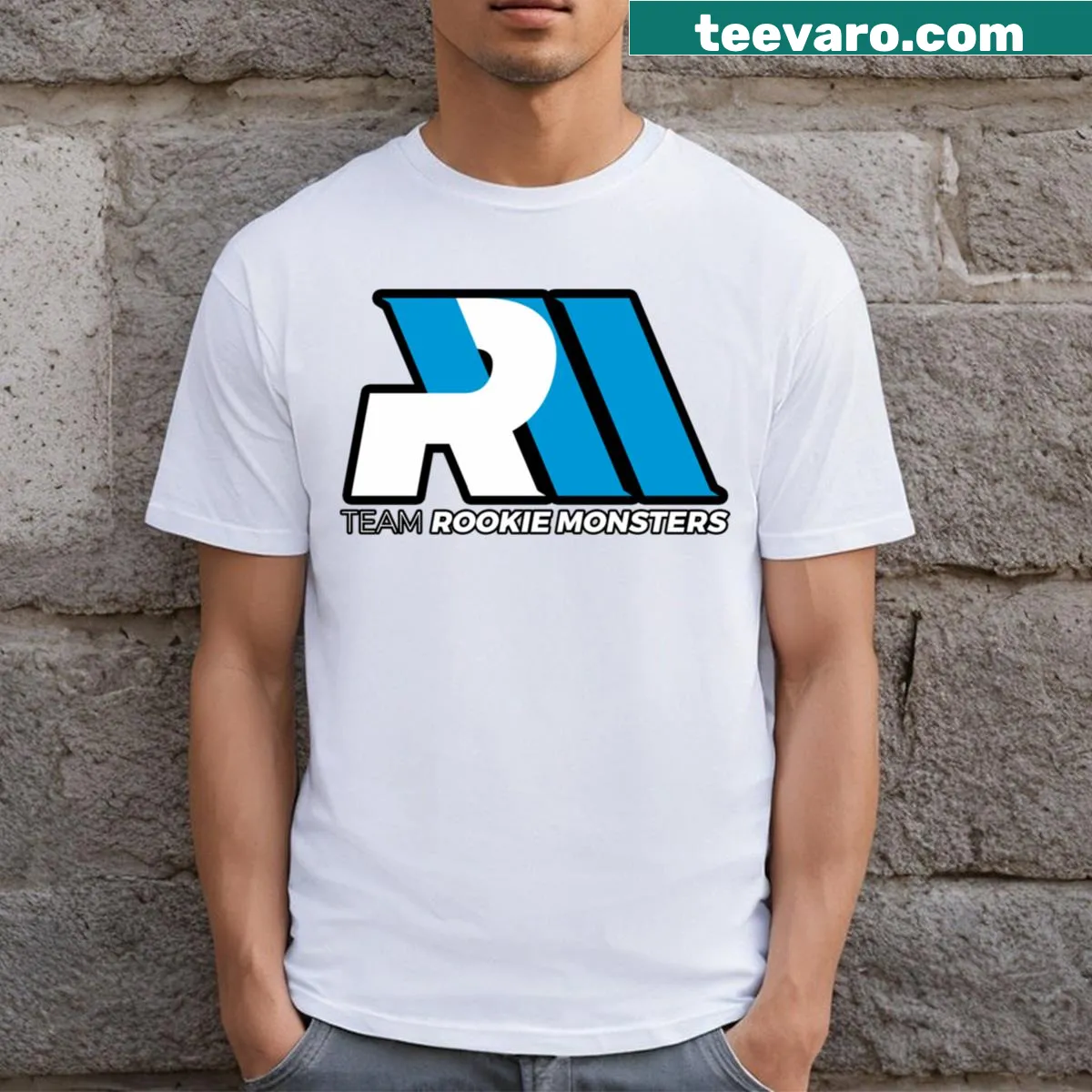 Playful Team Rookie Monsters logo t-shirt with whimsical design — on a men's t-shirt