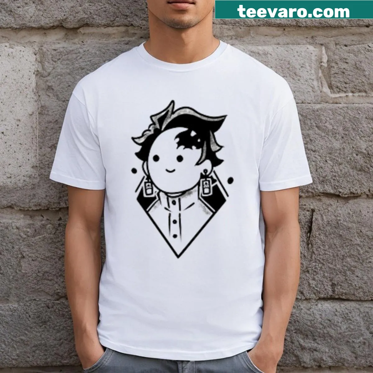 Illustrated T-shirt featuring Tanjiru from Demon Slayer — on a men's t-shirt