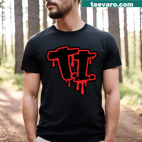 Playful drippy graphic design on T-shirt.
