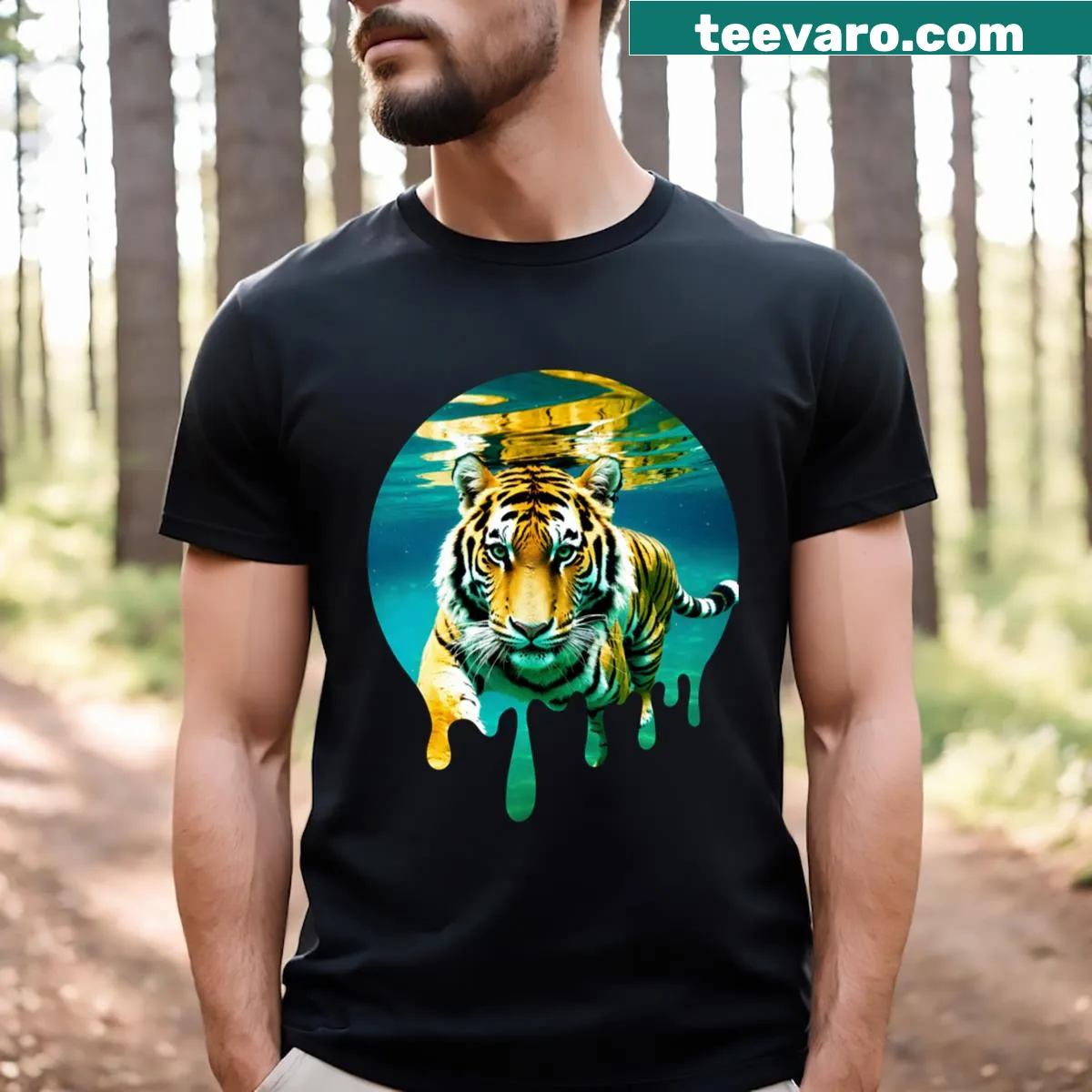 Realistic depiction of a swimming tiger on t-shirt — on a men's t-shirt