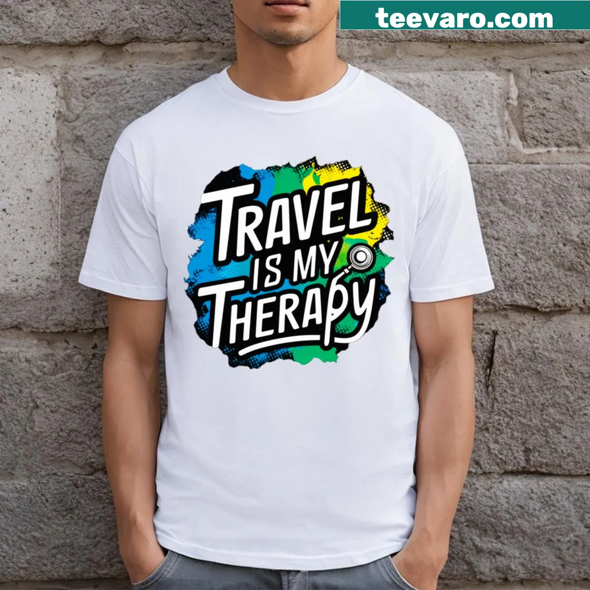 Travel Is My Therapy text on a T-shirt — on a men's t-shirt
