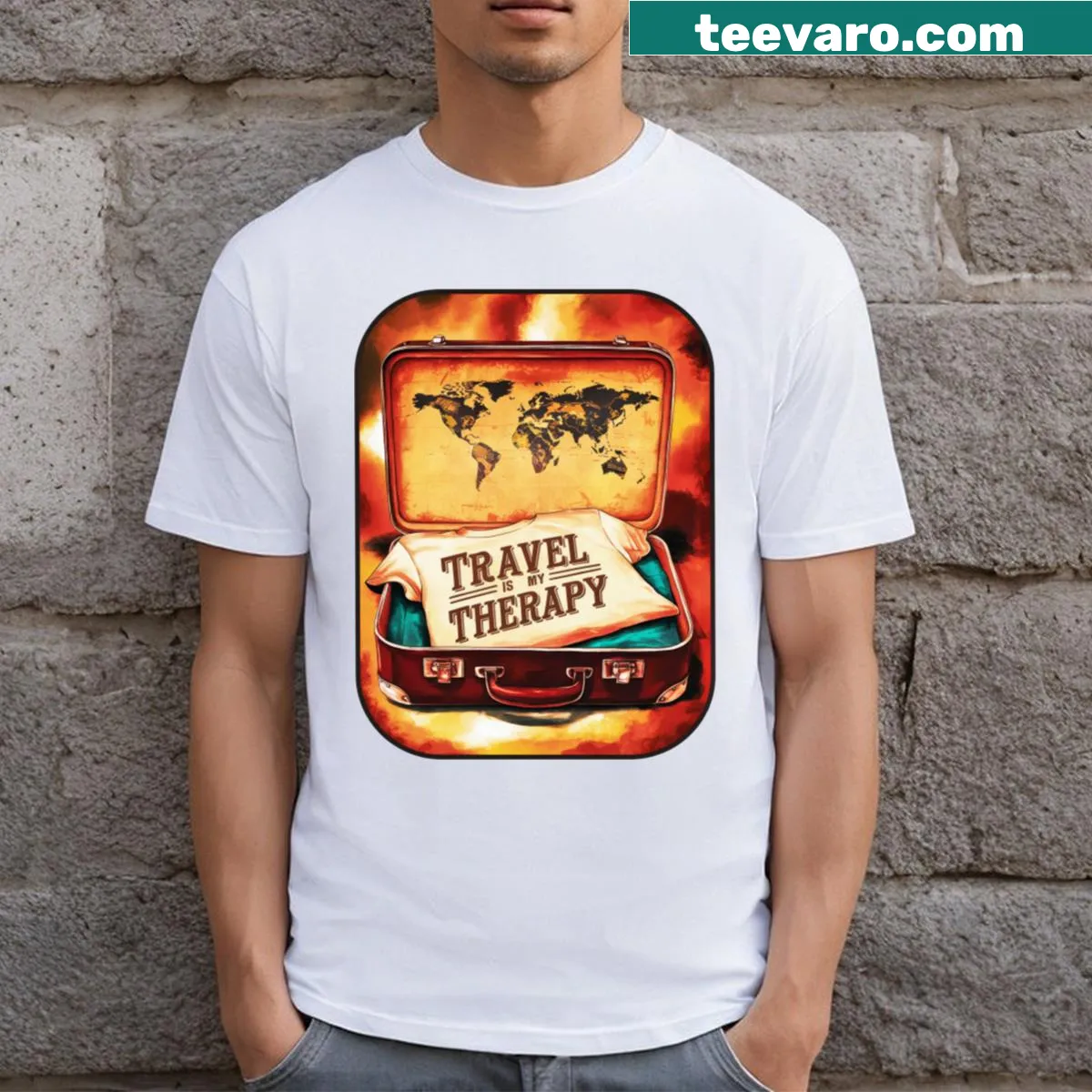 Vintage T-shirt with suitcase sticker design and 'Travel Is My Therapy' phrase. — on a men's t-shirt