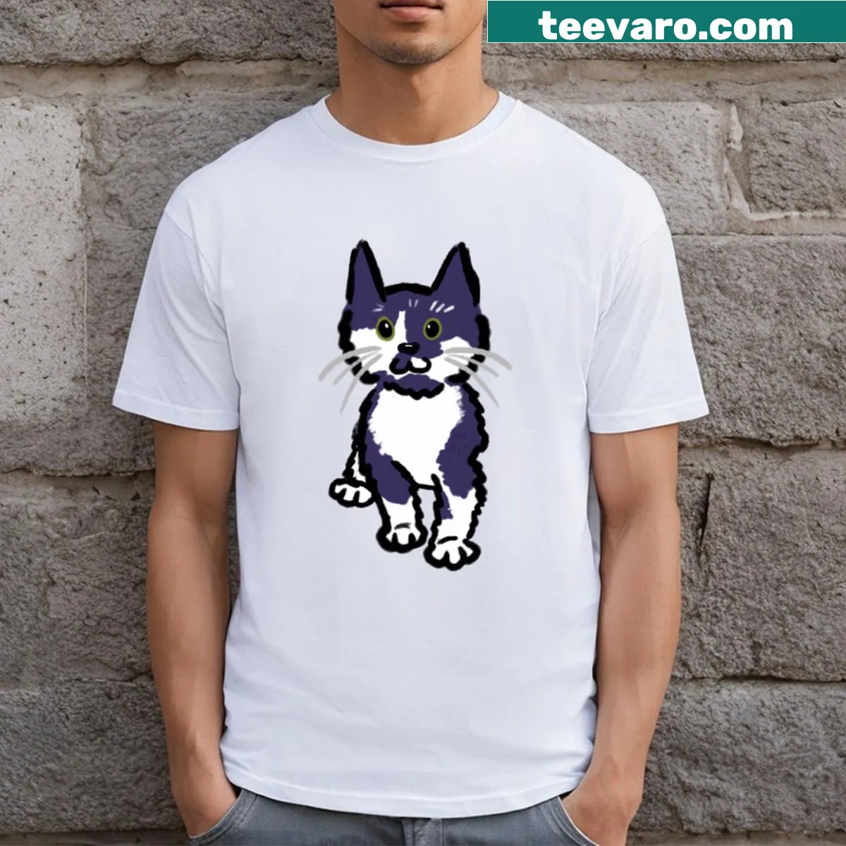 Cute t-shirt featuring an illustrated tuxedo kitten — on a men's t-shirt