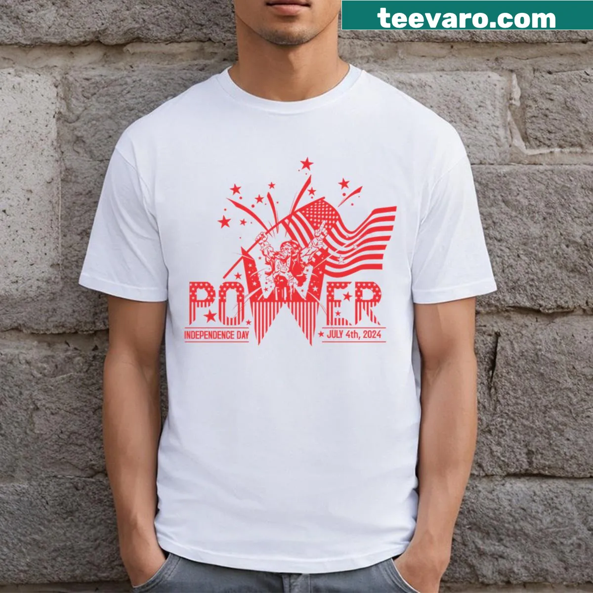Red logo graphic representing USA on t-shirt — on a men's t-shirt