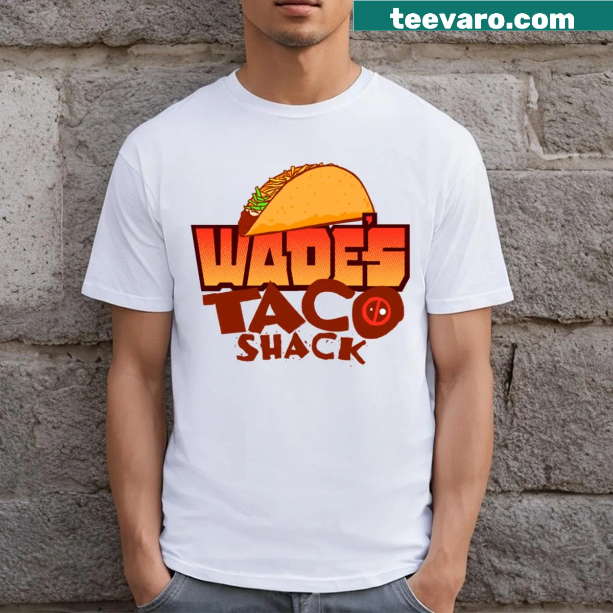 Cartoon Deadpool with tacos in Wade's Taco Shack design — on a men's t-shirt