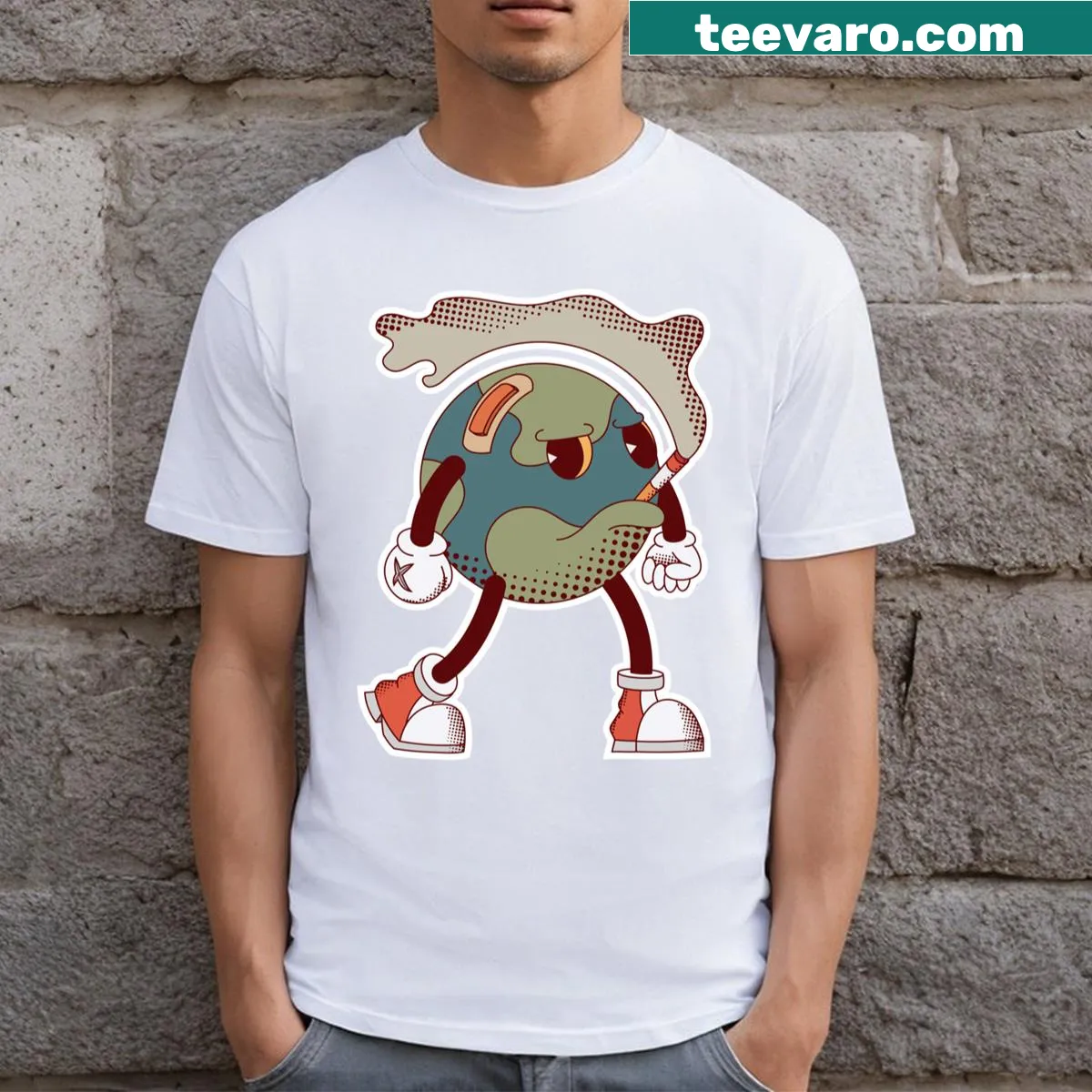 Who Gives That Cigarette To Earth t-shirt with environmental message — on a men's t-shirt