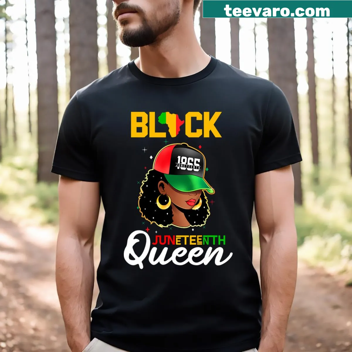 Juneteenth T-shirt featuring Black Queen text celebrating heritage — on a men's t-shirt