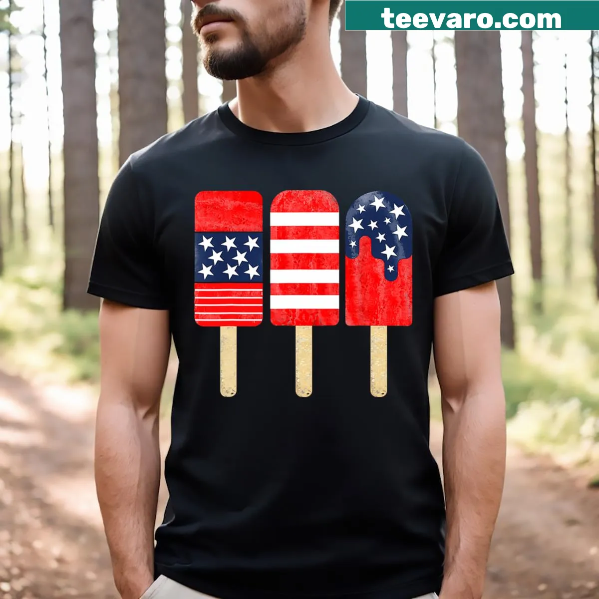 Popsicle graphic T-shirt with American flag colors for July 4th celebrations. — on a men's t-shirt