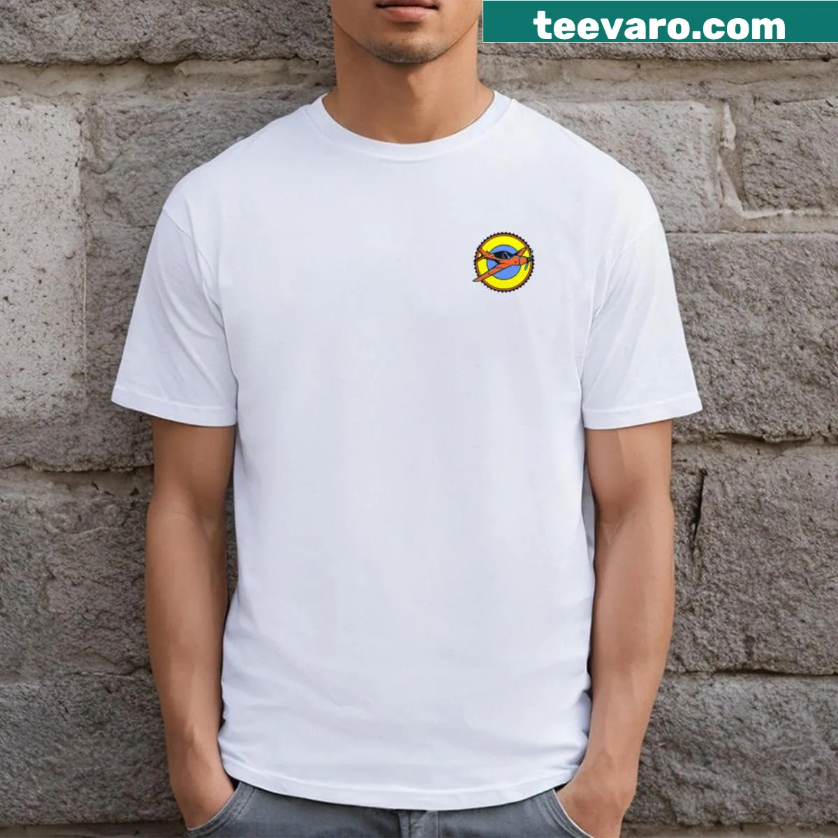 Playful T-shirt with whimsical airplane graphic for travel enthusiasts — on a men's t-shirt