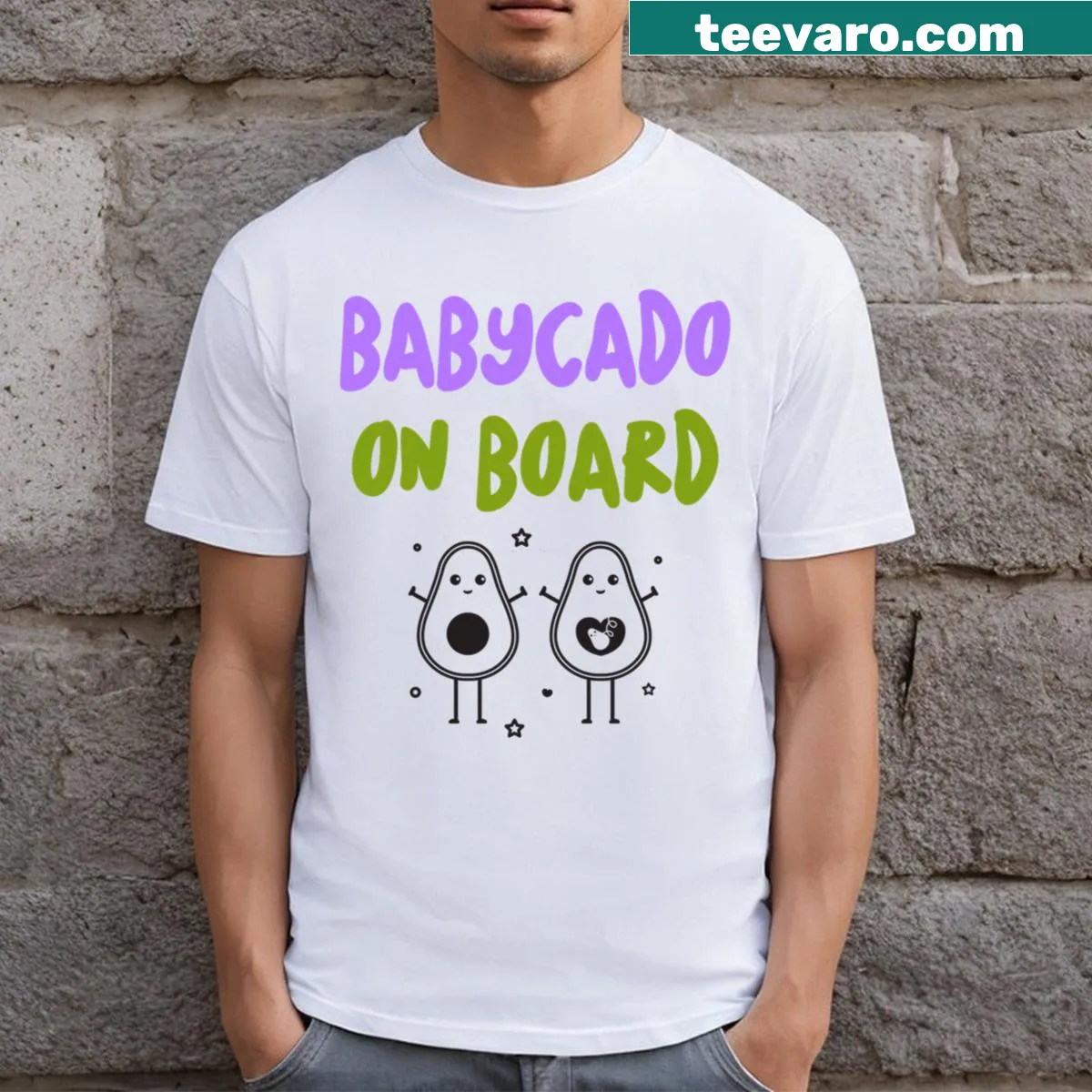Babycado On Board T-shirt with playful family theme — on a men's t-shirt