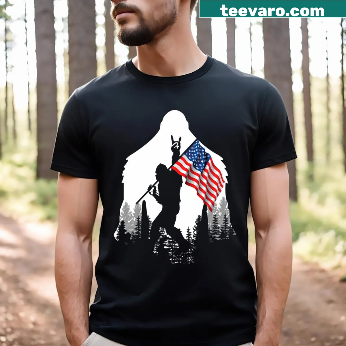 Bigfoot t-shirt featuring an illustration with American flag — on a men's t-shirt