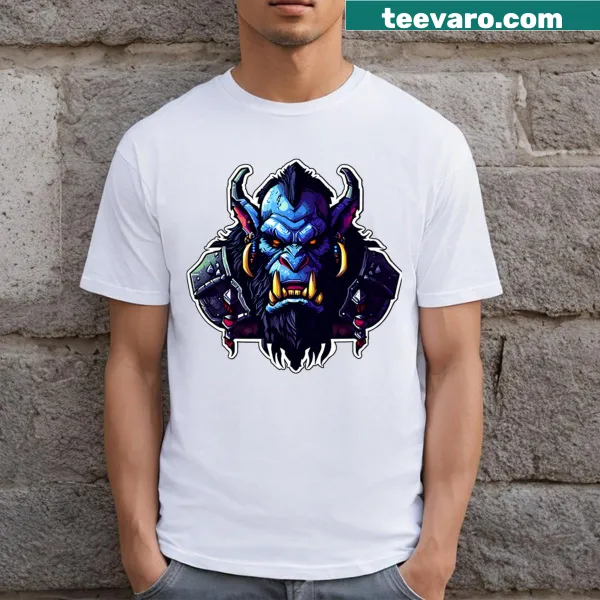 Illustrative T-shirt depicting a blue orc chieftain character.