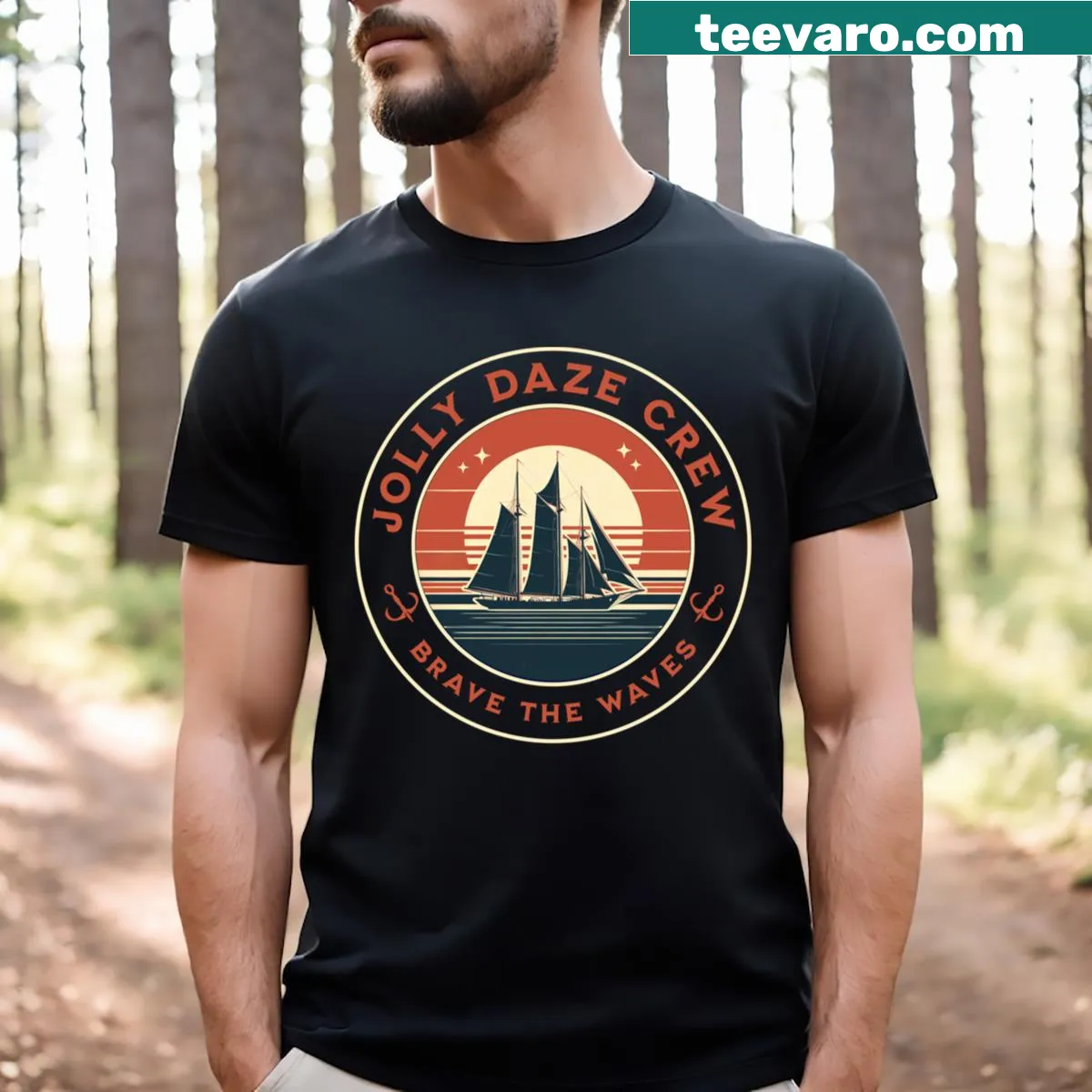 Retro sailing-themed t-shirt with ocean waves graphic — on a men's t-shirt