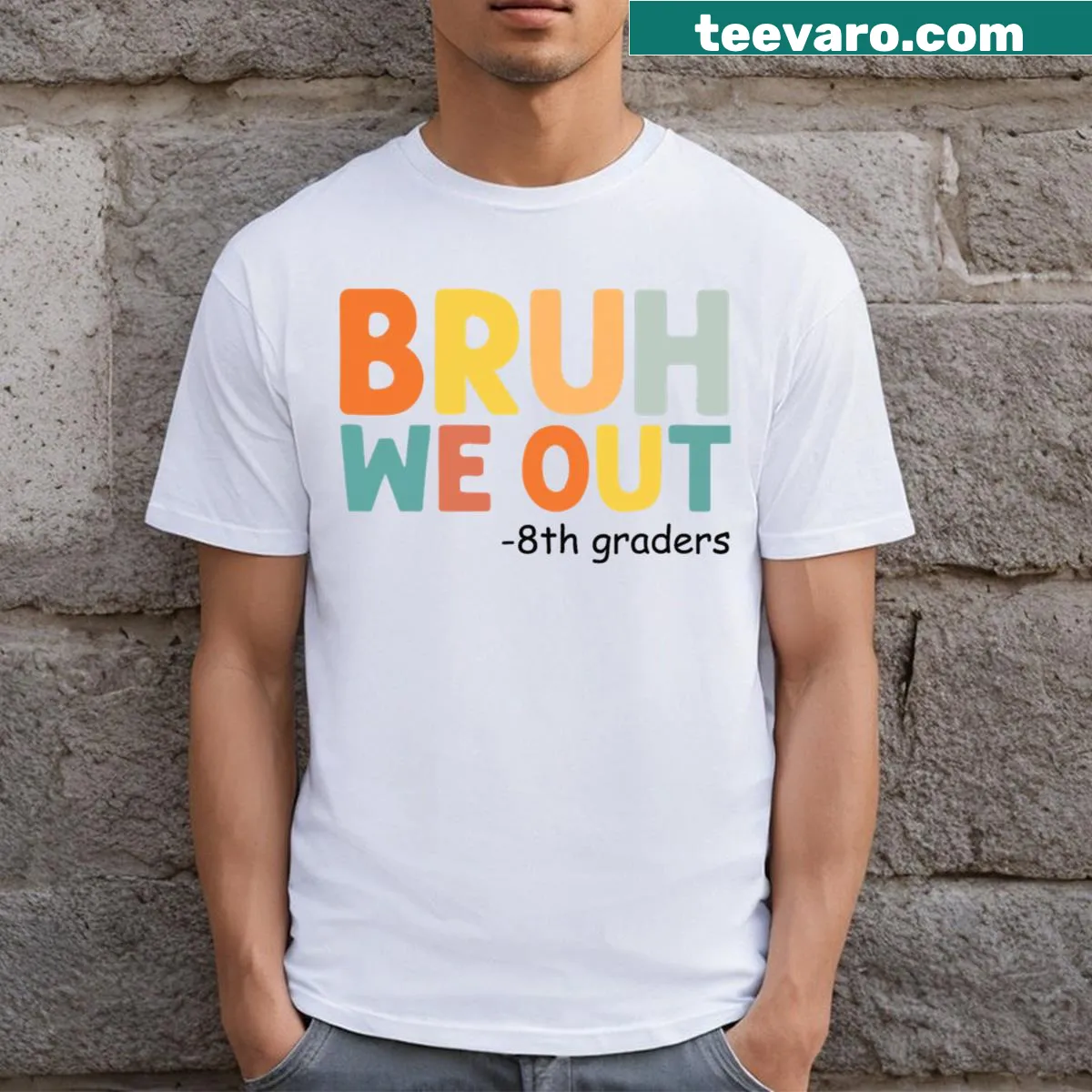 Graduation T-shirt for 8th graders with the phrase 'Bruh We Out' — on a men's t-shirt