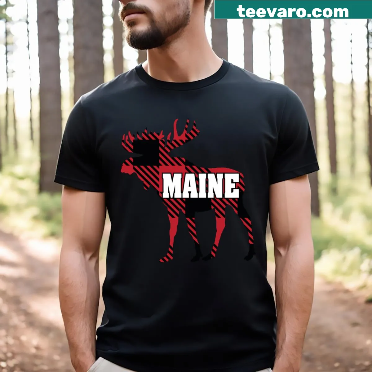 Buffalo plaid T-shirt featuring a moose graphic — on a men's t-shirt