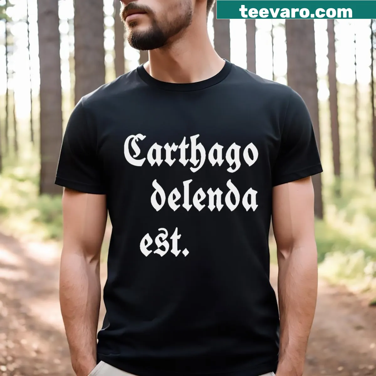 T-shirt featuring the phrase 'Carthago Delenda Est' in bold typography — on a men's t-shirt