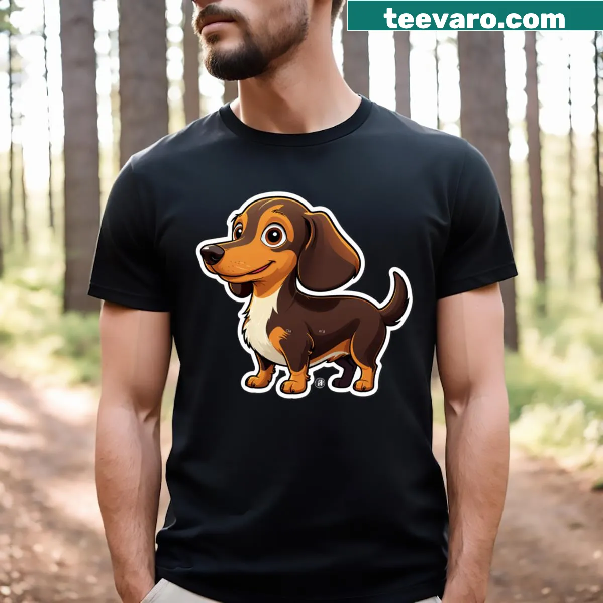 Cartoon t-shirt featuring a cute dachshund illustration — on a men's t-shirt
