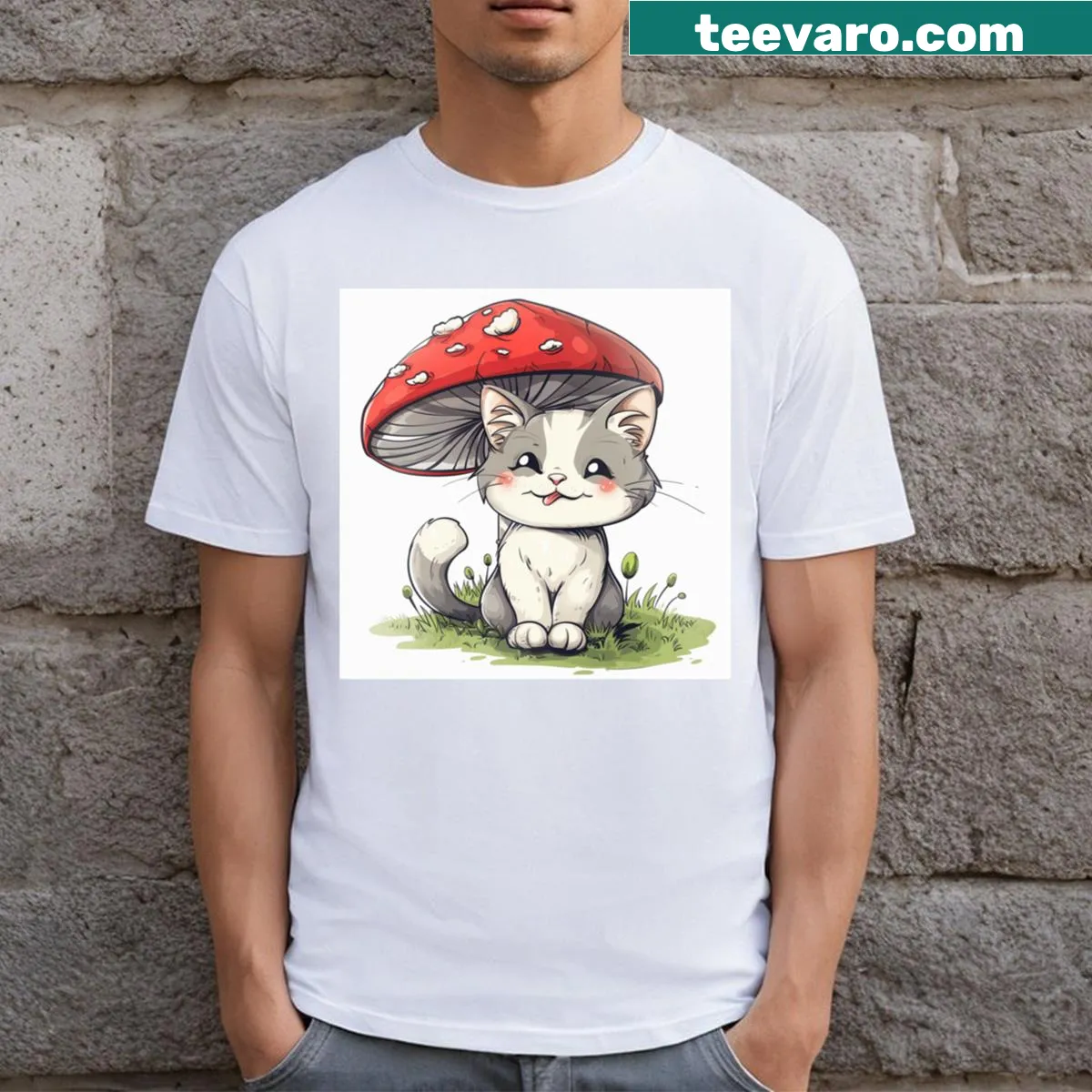 Illustrated t-shirt featuring a cat and mushrooms — on a men's t-shirt