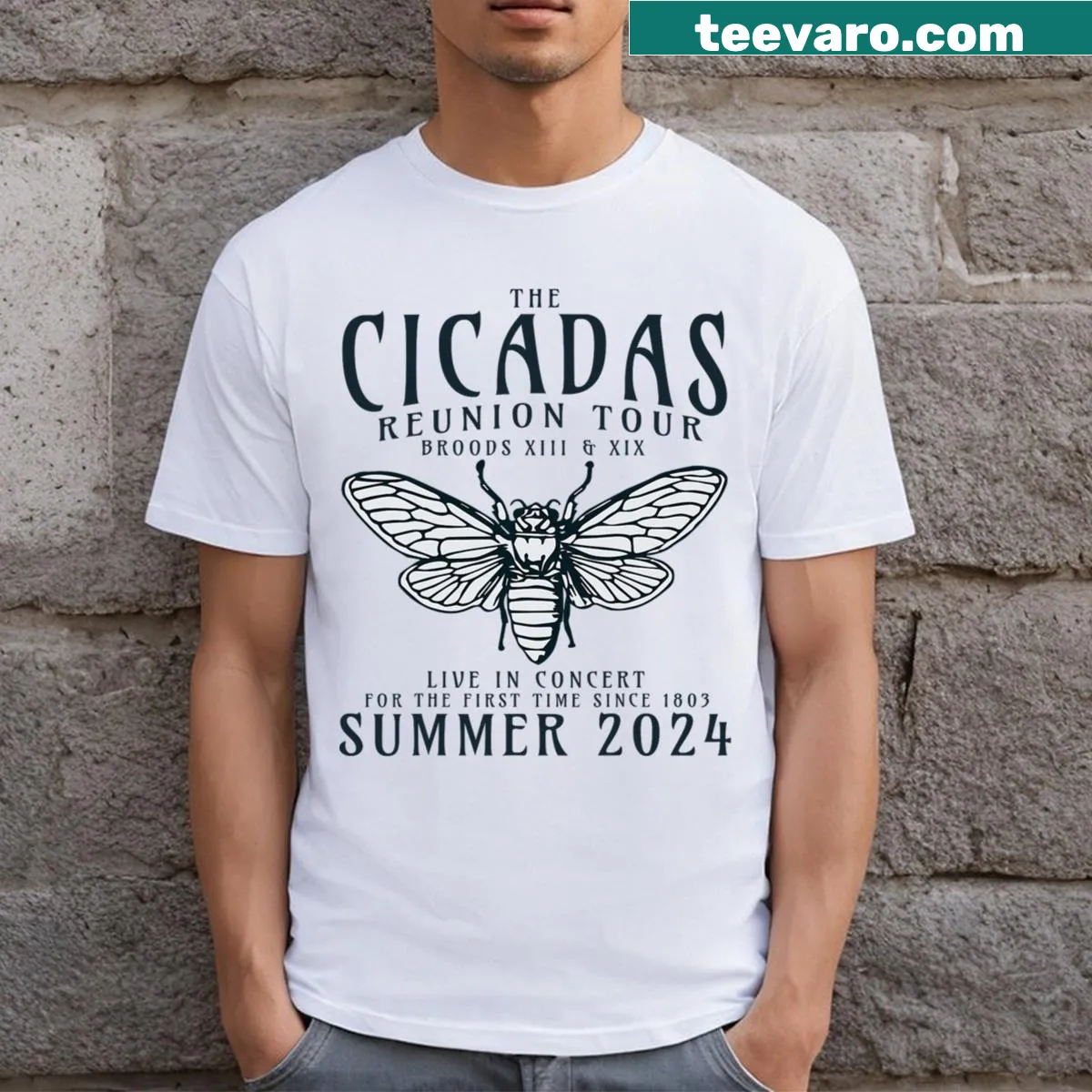 Cicada-themed T-shirt for summer 2024 reunion tour with swarm illustration — on a men's t-shirt