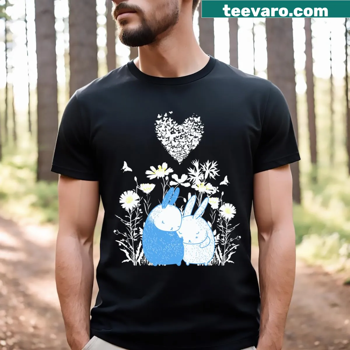 Whimsical T-shirt featuring bunnies, wildflowers, and butterflies in a nature scene — on a men's t-shirt