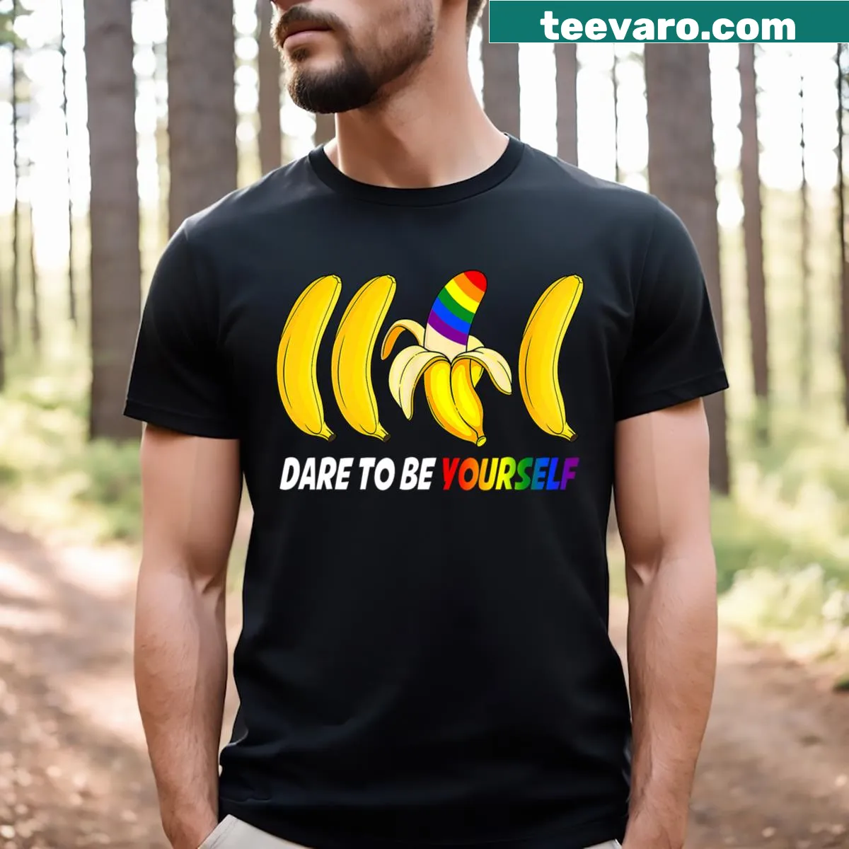 Funny pride t-shirt with 'Dare To Be Yourself' and banana graphics — on a men's t-shirt