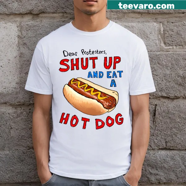 Funny July 4th T-shirt with the phrase 'Shut Up And Eat A Hot Dog'