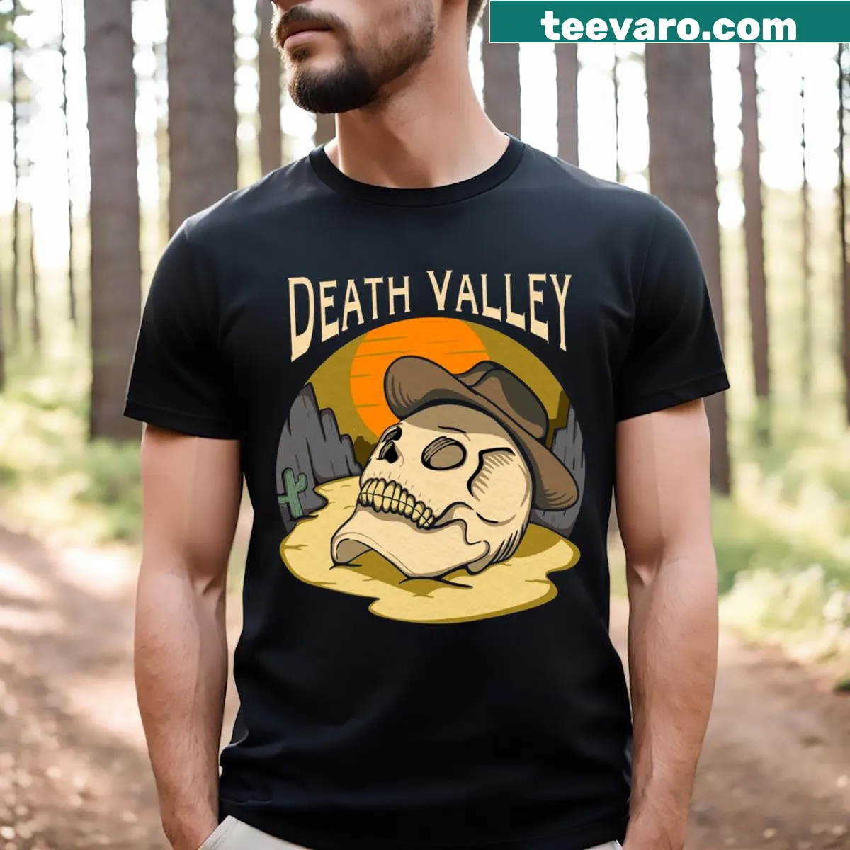 T-shirt featuring a graphic of Death Valley with cacti and mountains — on a men's t-shirt
