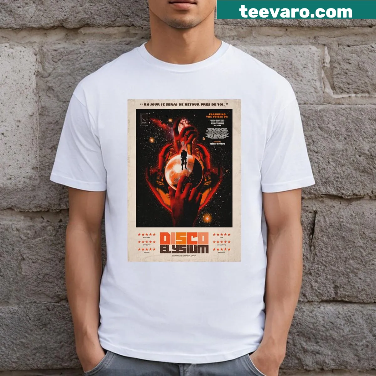 T-shirt with graphic art from Disco Elysium — on a men's t-shirt