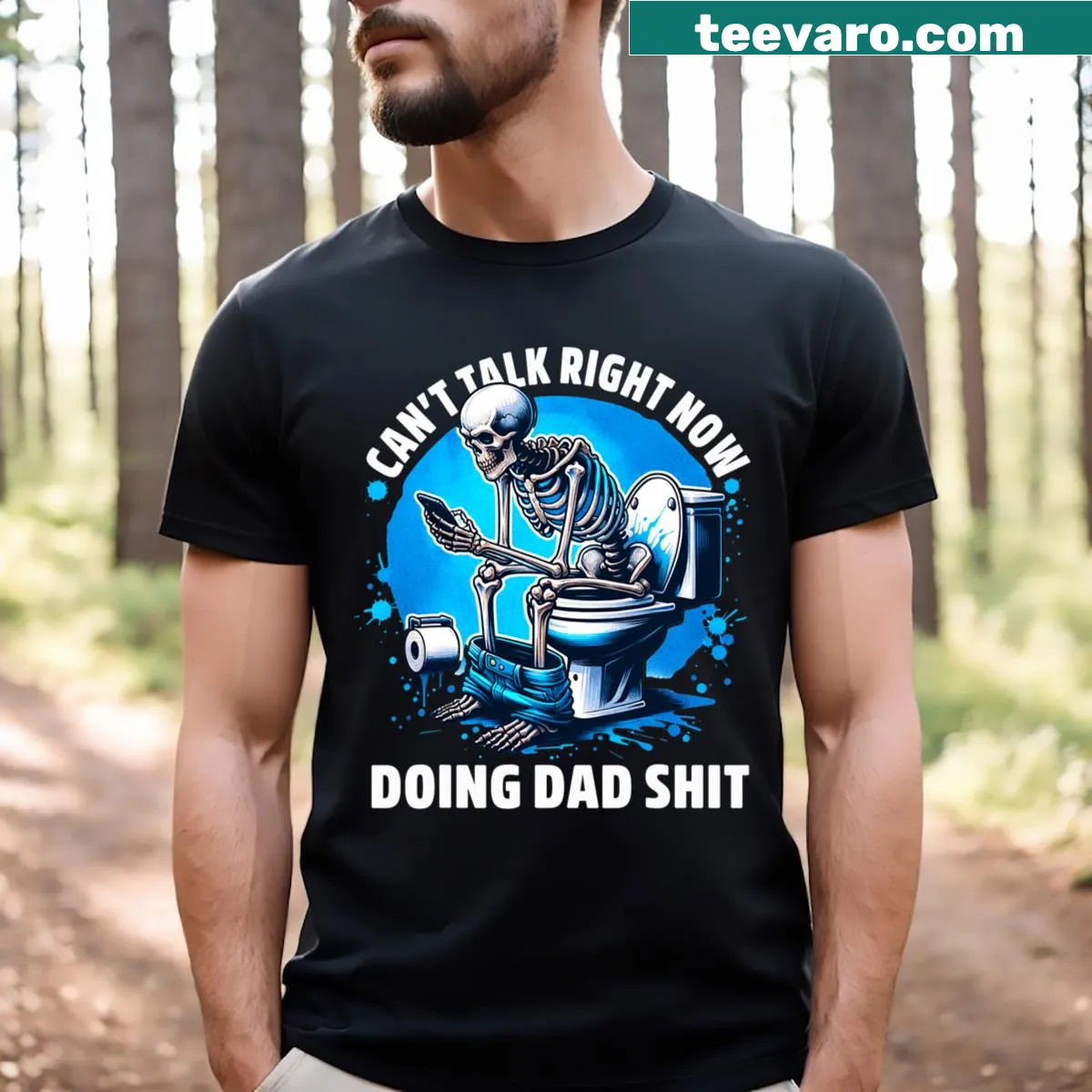 Funny T-shirt with skeleton graphic and dad jokes — on a men's t-shirt