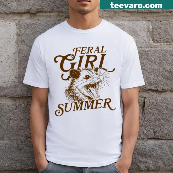 Funny T-shirt featuring opossum graphic and 'Feral Girl Summer' text