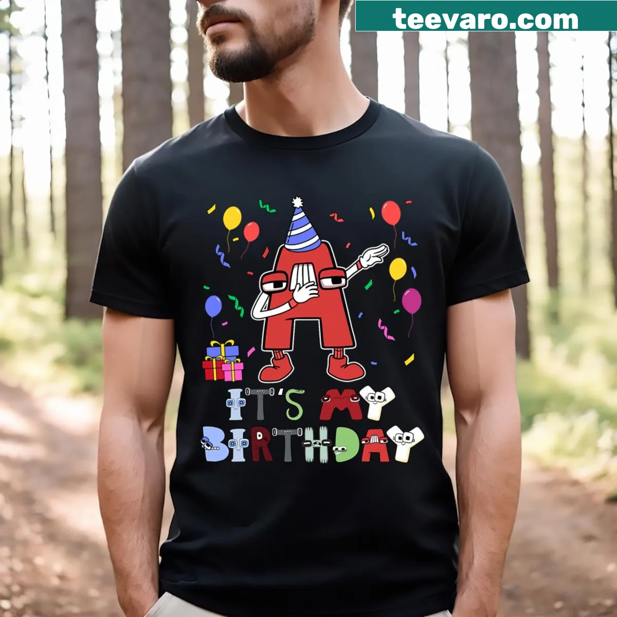 Funny birthday t-shirt for kids featuring dabbing character and alphabet — on a men's t-shirt