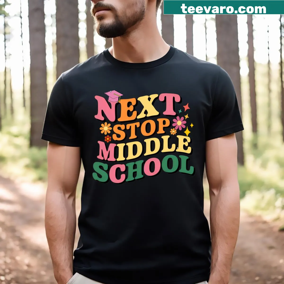 Funny graduation t-shirt with 'Next Stop: Middle School' text — on a men's t-shirt
