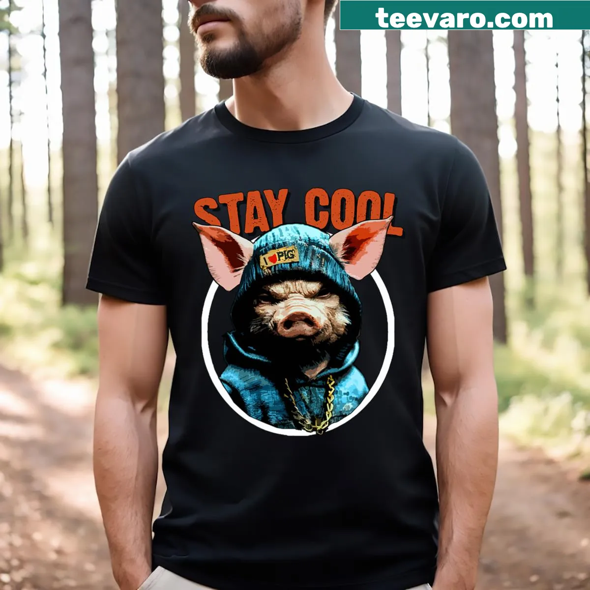Funny t-shirt with cute gangster pig illustration wearing a hat and gold chain — on a men's t-shirt