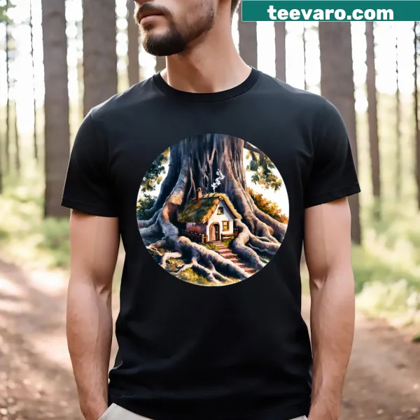 Playful t-shirt featuring a gnome graphic and whimsical home design