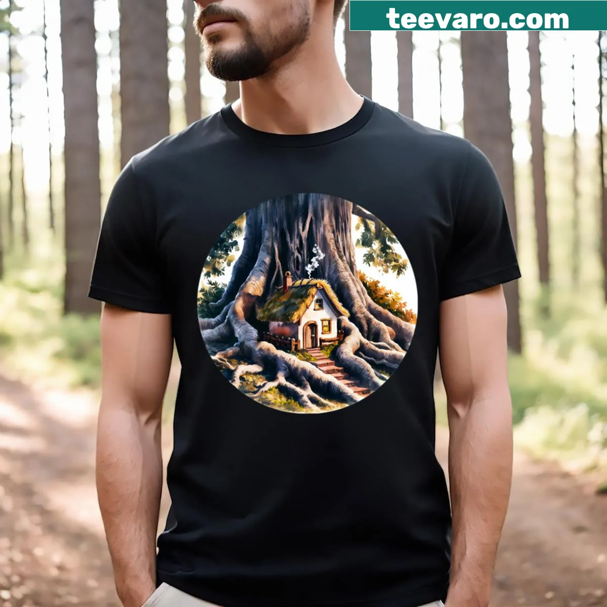 Playful t-shirt featuring a gnome graphic and whimsical home design — on a men's t-shirt