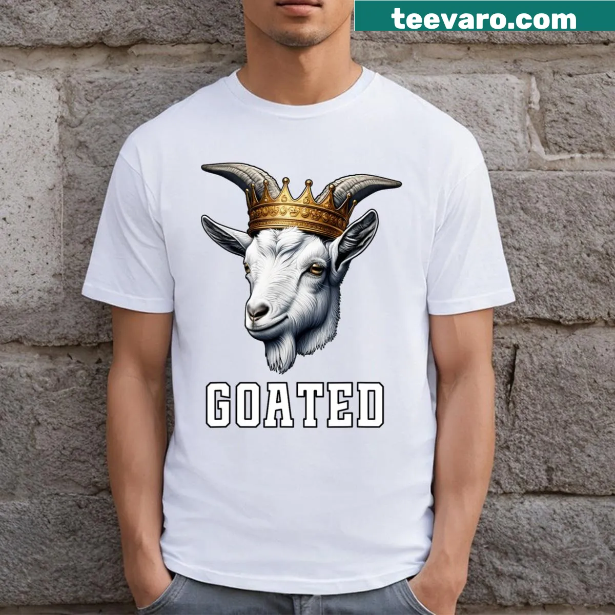 Funny goat wearing a crown with the 'Goated' phrase. — on a men's t-shirt